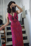 Beautiful Pink Backless Halter Neck High Slit V-neck Prom Dress HZ1022