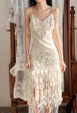 Vintage White V-neck Spaghetti Straps Beaded Earrings Curled Hem Prom Dress HZ1022