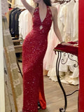 Sexy Red Sequined Halter Neck Backless Slit Long Prom Dress HZ1022