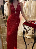 Sexy Red Sequined Halter Neck Backless Slit Long Prom Dress HZ1022