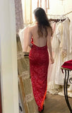 Sexy Red Sequined Halter Neck Backless Slit Long Prom Dress HZ1022