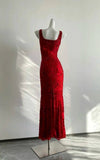 Stunning Red Square Neck Sleeveless Beaded Mermaid Prom Dress HZ1022