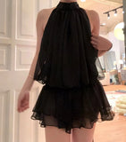 Simple Black Turtleneck Off-The-Shoulder Chiffon Mini Homecoming Dress HZ1022