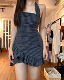 Chic Grey Striped Halter Neck Irregular Hem Homecoming Dress HZ1022