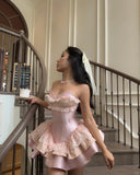 Princess Pink Strapless Sweetheart Neck Satin A-Line 17th Birthday Homecoming Dress HZ1022