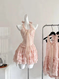 Cute Pink Polka Dot Halter Neck A-Line Mini 16th Birthday Homecoming Dress HZ1022