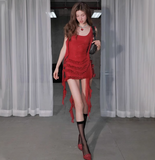 Sexy Glittering Ruffled Ribbon Sling Fungus Pleated Hip Wrap 17th Birthday Homecoming Dress HZ1022