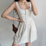 Retro Palace Style White Bud Buttoned Square Collar Sleeveless A-line Homecoming Dress HZ1022