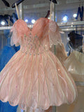 Shiny Pink Beaded Sling Petal Skirt Princess 17th Birthday Homecoming Dress HZ1022