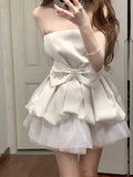 Cute White Strapless Bow Satin Tulle Mini 17th Birthday Homecoming Dress HZ1022