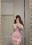 Sweet Pink Strapless Chiffon Bodycon Jellyfish Skirt Homecoming Dress HZ1022