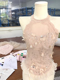 Cute Pink Off-the-shoulder Beaded Lace Tulle Princess 17th Birthday Homecoming Dress HZ1022