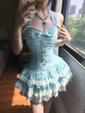 Sweet Halter Neck Blue Plaid Lace Trim Mini Homecoming Dress HZ1022