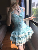 Sweet Halter Neck Blue Plaid Lace Trim Mini Homecoming Dress HZ1022