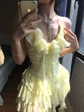 Flowy Yellow Chiffon Ruffle Mini 17th Birthday Homecoming Dress HZ1022