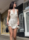 French Satin Polka Dot V-Neck Lace Trim Backless Halter Neck A-Line Homecoming Dress HZ1022