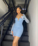 Elegant Long Sleeves Low Cut Pleated Hip 17th Birthday Homecoming Dress HZ1022