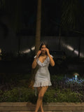 Cute Blue Ruffled V Neck Chiffon Homecoming Dress HZ1022