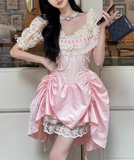 Sweet Pink Lace Short Sleeve Herringbone Short A-line 17th Birthday Homecoming Dress HZ1022