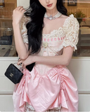 Sweet Pink Lace Short Sleeve Herringbone Short A-line 17th Birthday Homecoming Dress HZ1022