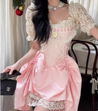 Sweet Pink Lace Short Sleeve Herringbone Short A-line 17th Birthday Homecoming Dress HZ1022
