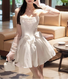 Sweet White Herringbone Tube Top Puff Birthday Dress Homecoming Dress HZ1022