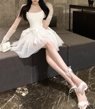Sweet White Herringbone Tube Top Puff Birthday Dress Homecoming Dress HZ1022
