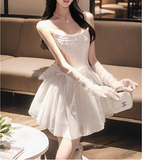 Sweet White Herringbone Tube Top Puff Birthday Dress Homecoming Dress HZ1022