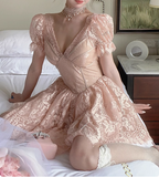 French Palace Lace V-neck Short Sleeve A-line Pink 17th Birthday Homecoming Dress HZ1022