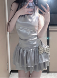 Shiny Silver Halter Neck Sexy Backless Waist Satin Birthday Dress Homecoming Dress HZ1022