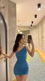 Elegant Blue One Shoulder Pleated Slim Fit Hip 17th Birthday Homecoming Dress HZ1022