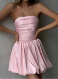 Simple One-shoulder Tube Top Satin Flower Bud Birthday Dress Homecoming Dress HZ1022