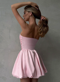 Simple One-shoulder Tube Top Satin Flower Bud Birthday Dress Homecoming Dress HZ1022