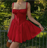 French Ballet Style Tie Waist Suspenders Red Mini Birthday Dress Homecoming Dress HZ1022