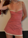 Vintage Plaid Suspender Lace Trim Red 17th Birthday Homecoming Dress HZ1022