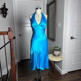 Simple Halter Neck Satin Blue Open Back Homecoming Dress HZ1022