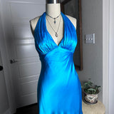Simple Halter Neck Satin Blue Open Back Homecoming Dress HZ1022