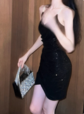 White Sexy Glitter V-neck Slim Suspender Birthday Dress Homecoming Dress HZ1022
