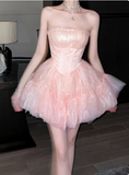 Sweet Pink Tulle Birthday Dress Tulle Puff Homecoming Dress HZ1022