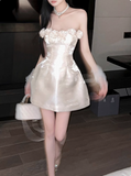Elegant French Style Tube Top Three-dimensional Flower One Shoulder Satin A-line 17th Birthday Homecoming Dress HZ1022