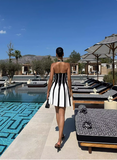 Sexy Low Cut Backless Halter Neck Striped Waist A-Line Homecoming Dress HZ1022