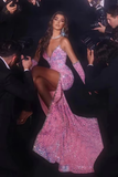 Gorgeous Pink Sleeveless Split Front Mermaid Prom Dress With Glitter Birthday Outfits HZ1022