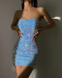 Shiny Blue Sequined Sleeveless Slim Fit Hip 17th Birthday Homecoming Dress HZ1022