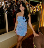 Shiny Blue Sequined Sleeveless Slim Fit Hip 17th Birthday Homecoming Dress HZ1022