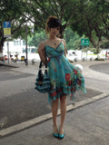 Vintage Chiffon Strapless Blue Print Homecoming Dress HZ1022