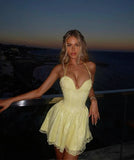 Cute Lace Halterneck Low-cut Light Yellow A-line 17th Birthday Homecoming Dress HZ1022