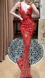 Beautiful Red Shoulder Strap V-neck Beaded Mermaid Evening Dress Prom Dress HZ1022