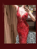 Beautiful Red Shoulder Strap V-neck Beaded Mermaid Evening Dress Prom Dress HZ1022