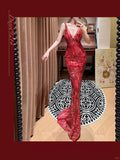 Beautiful Red Shoulder Strap V-neck Beaded Mermaid Evening Dress Prom Dress HZ1022