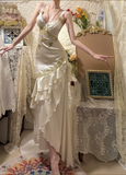 Vintage Beaded Satin V-Neck Ruffle Mermaid Prom Dress HZ1022